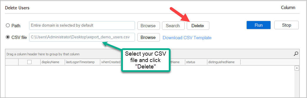 delete users from csv